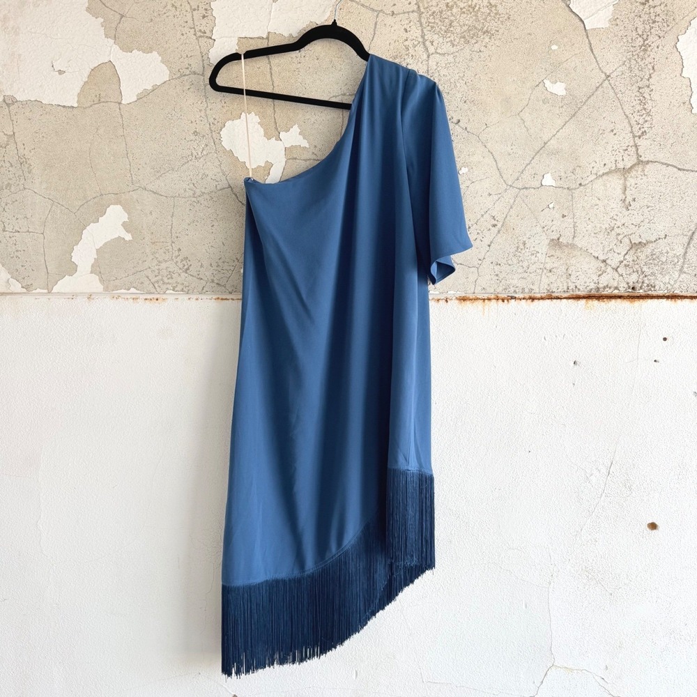 Trina Turk One Shoulder Cocktail Dress Asymmetrical Fringe Shift Blue Size 4